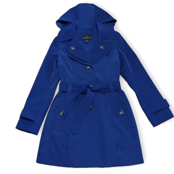 LONDON FOG BLUE Spring HOODED DOUBLE BREASTED TRENCH COAT US XS NWOT - Picture 1 of 16